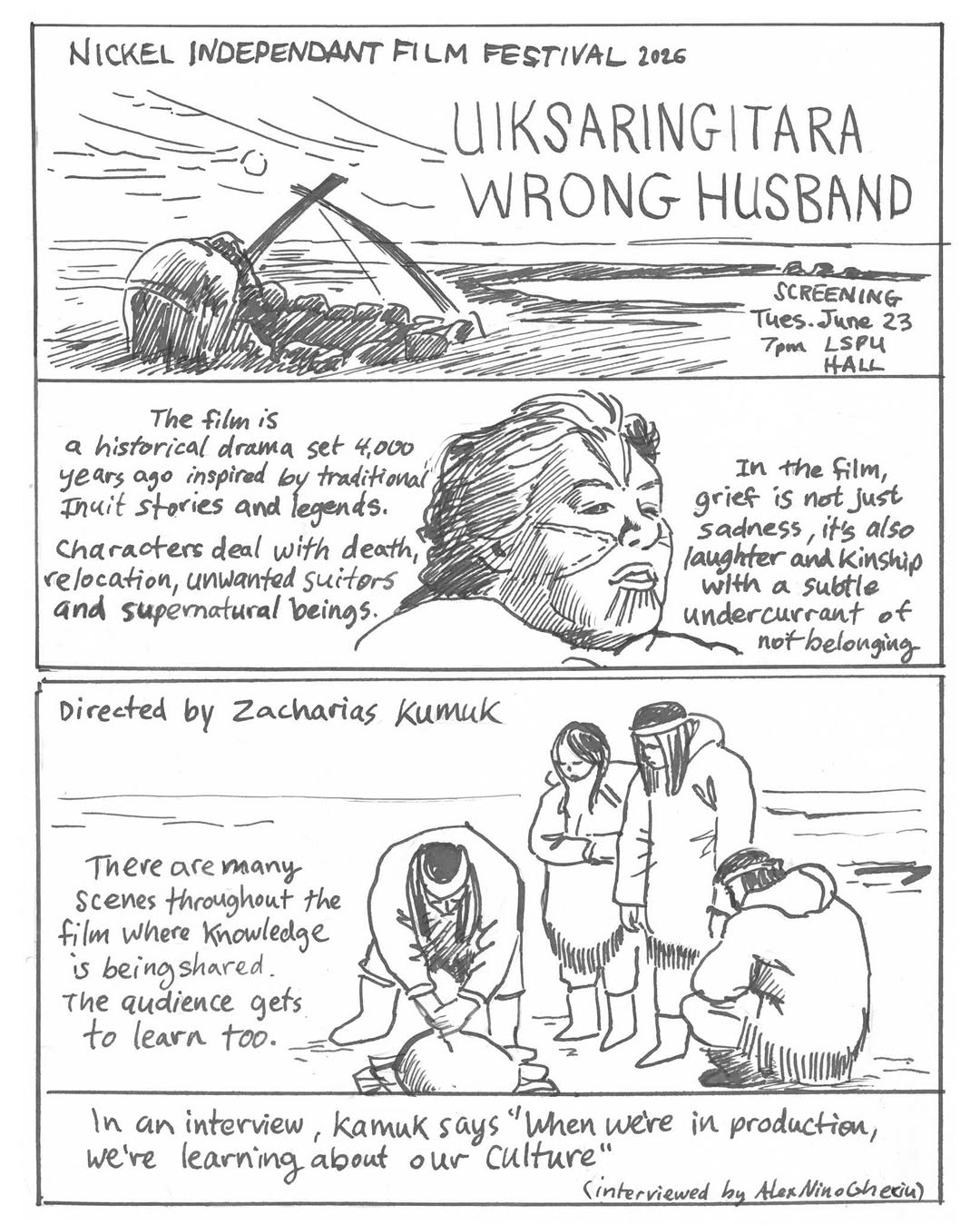 A comic about the film Wrong Husband. 
Screening next week Tuesday, June 23rd at 7pm at the LSPU Hall
Alt text:
“The fil